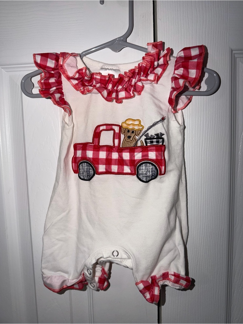 Red Gingham Truck Baby Romper